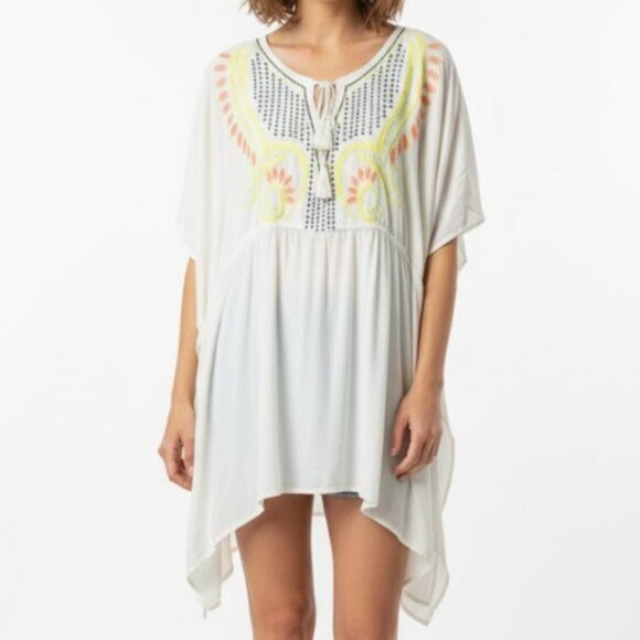 Ark & Co. V-Neck Women's Cream Embroidered Kaftan Tunic Top Size L - Picture 1 of 10